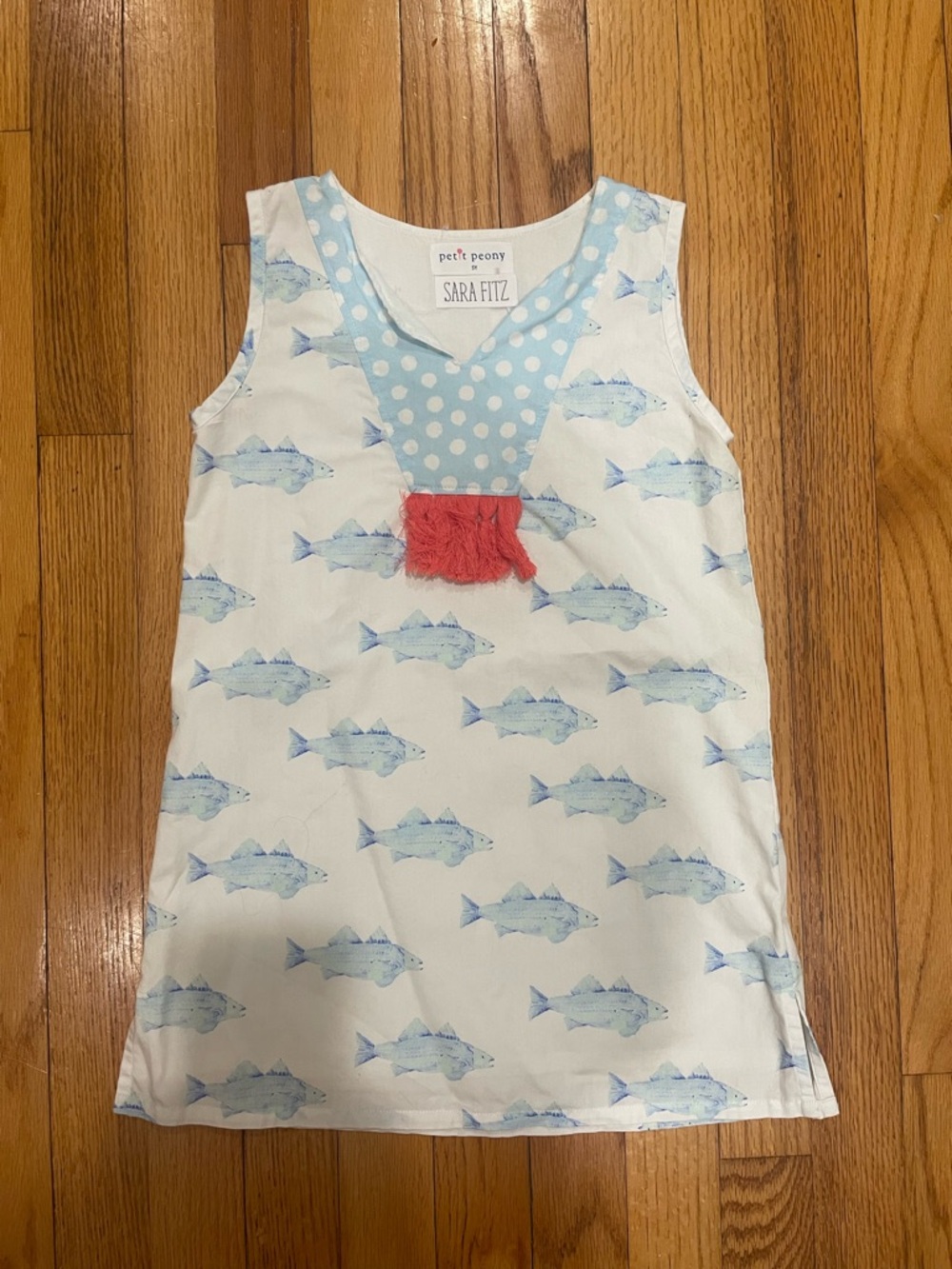 Sara Fitz Girls' White & Light Blue Fish Print Casual Dress with Coral Tassel